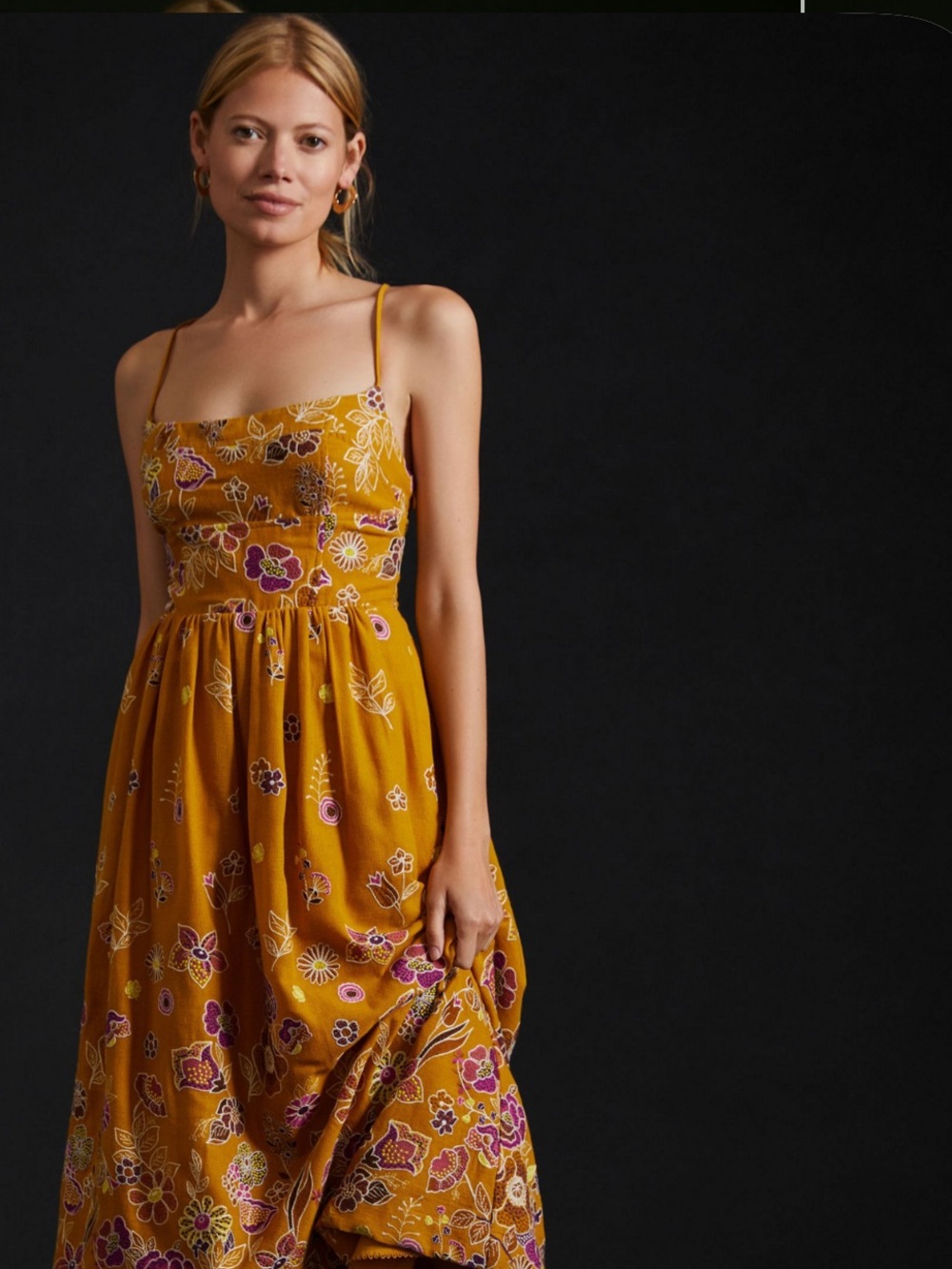Anthropologie Mustard Floral Midi Skirt with Pink & Cream Accents
